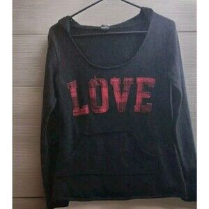 Rue 21 Womens Jr Love  Distressed Plaid on Black Hoodie Medium